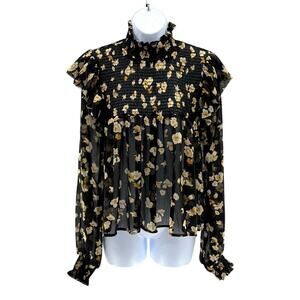 NWT o.p.t. Black Sheer Floral Ruched Detail Funnel Neck Long Sleeve Blouse Sz S